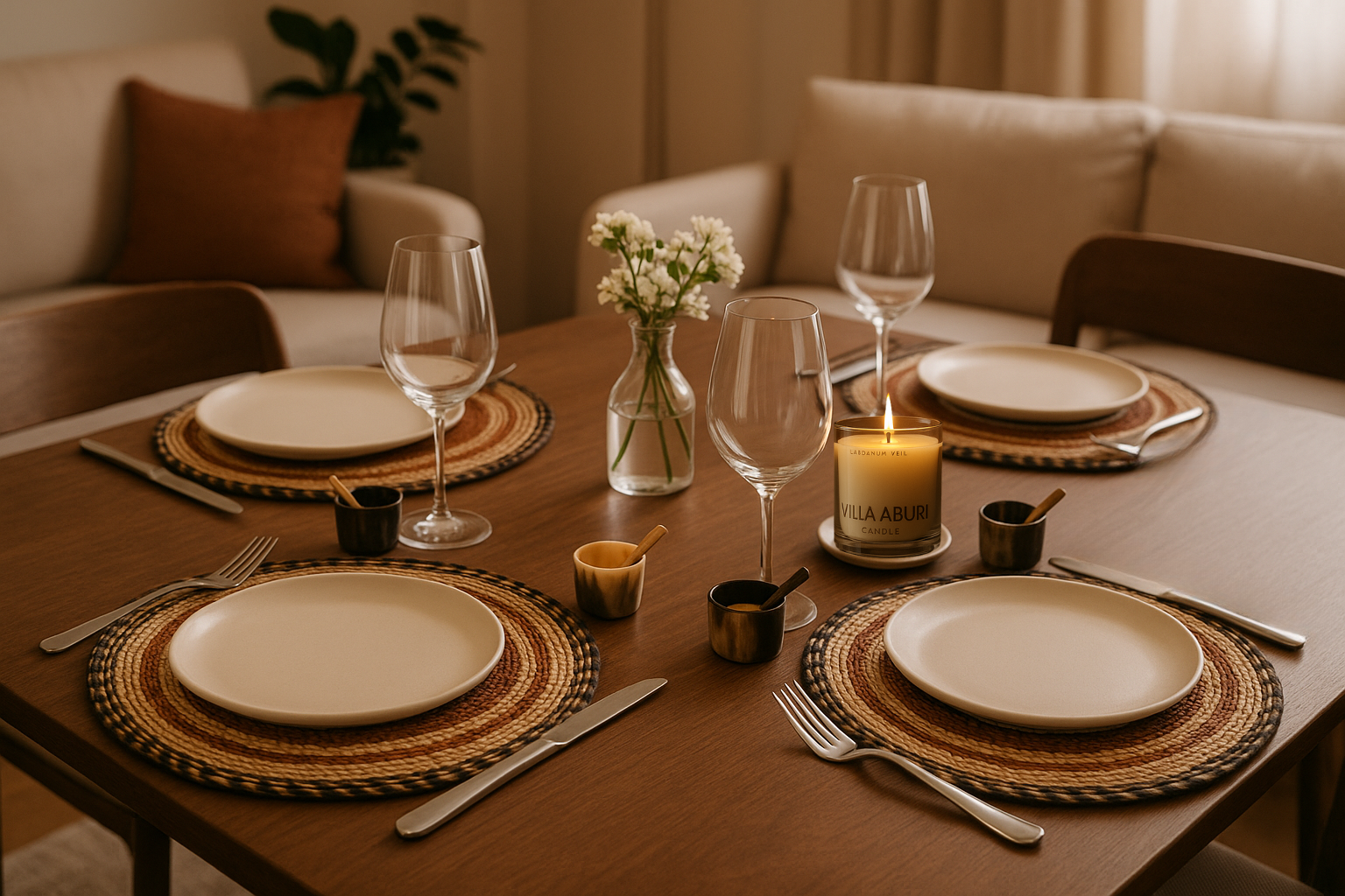 Dining room table styled with Baba Tree Placemats, villa aburi candle and Maadili mini salt cellar and spoon.