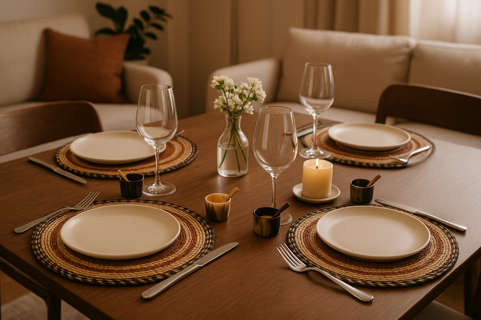 Dining room table styled with Baba Tree Placemats, villa aburi candle and Maadili mini salt cellar and spoon.
