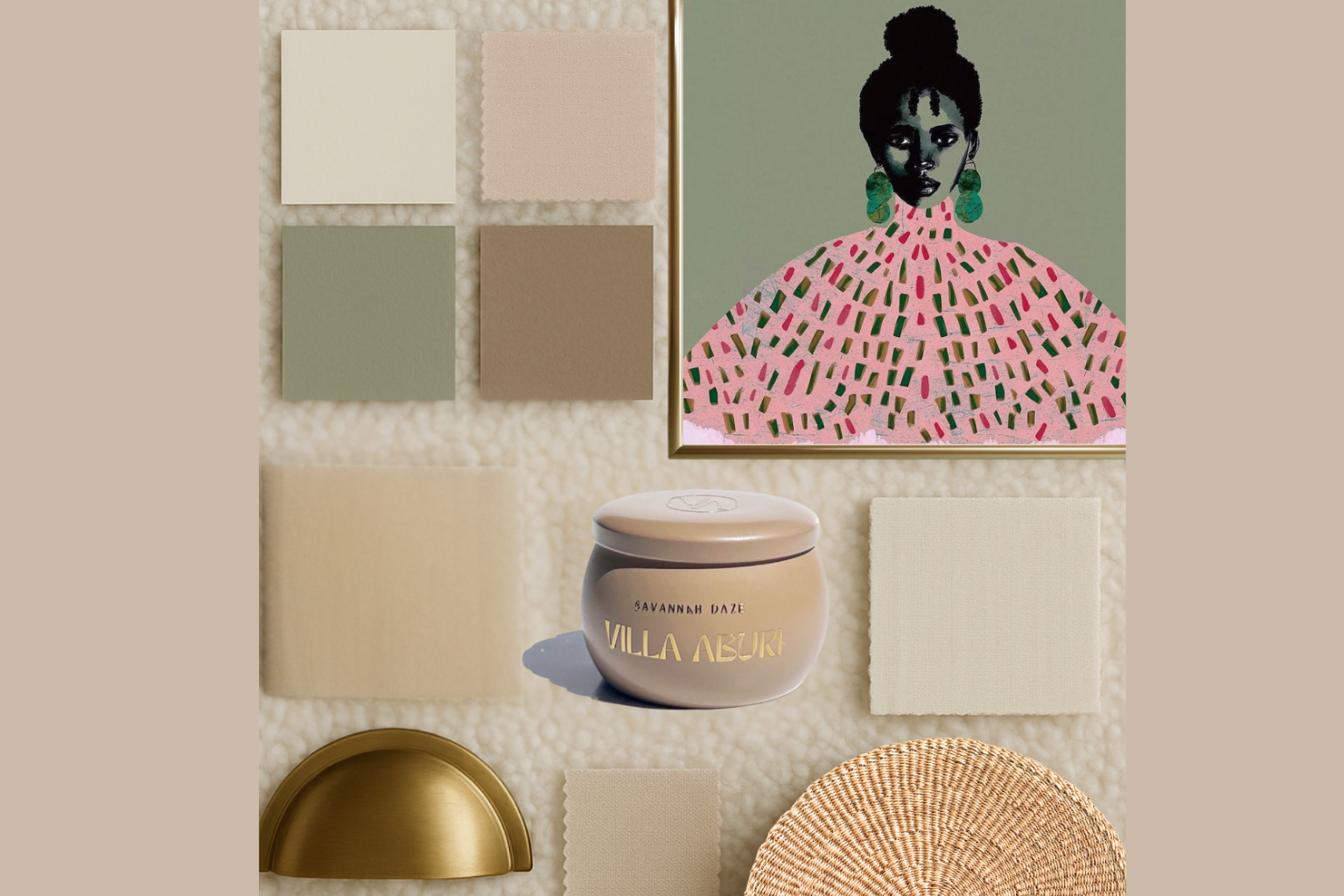 A collage of pastel green, pink and beige with Villa Aburi travel candle and tamara tashna art.