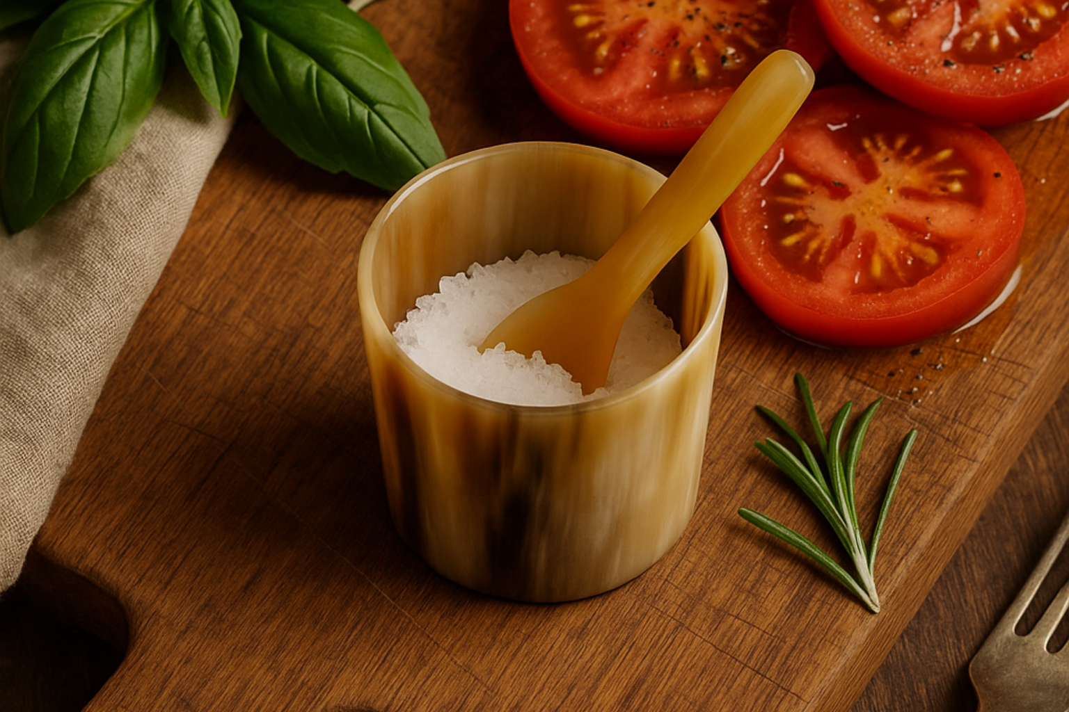 Horn Mini Salt Cellar and spoon on a wood cutting board with tomatoes and herbs.