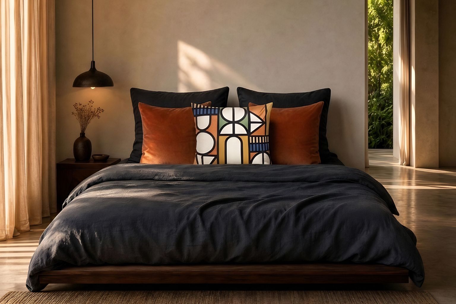 Lulasclan Legae pillows in a styled bedroom on a bed.