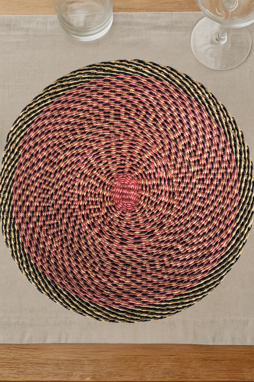 Baba Tree Harmony placemats with intricate woven design in warm earthy tones, perfect for table setting decoration.