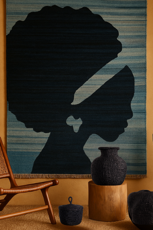 African Queen rug/wall textile with a silhouette of a woman's head in a room with a chair and decorative items.