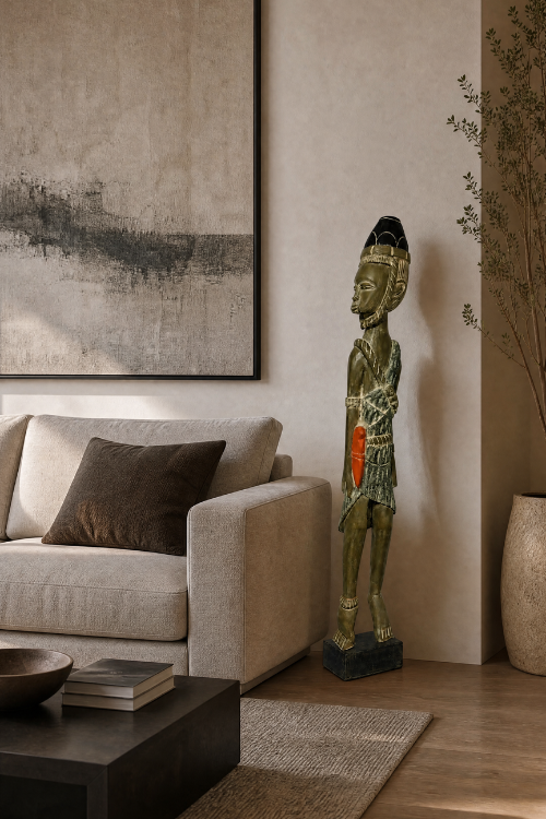 African Warrior Sculpture by Tekura featuring a male figure with traditional attire and bold stance, displayed in a styled room.