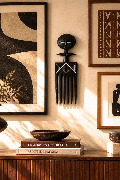 Gallery wall with the akuaba wall comb black with other art hanging beside it above a wooden console table. The scene includes a large brown vase with dried branches, a small bowl, and stacked books, with warm sunlight casting leaf shadows across the wall.