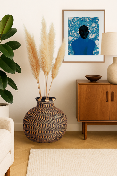 Jemima 10 Cows Basket - Ebony and Natural in a styled room with feathers in the basket.