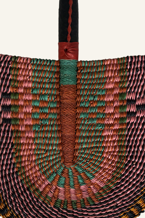 The Baba Tree Handcrafted Bolga Decorative Fan – Vibrant Mirage - Close up.