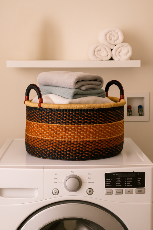Woven Basket Half Tub - Medium - Desert Grove with folded clothes on a washing machine, towels on a shelf in the background.