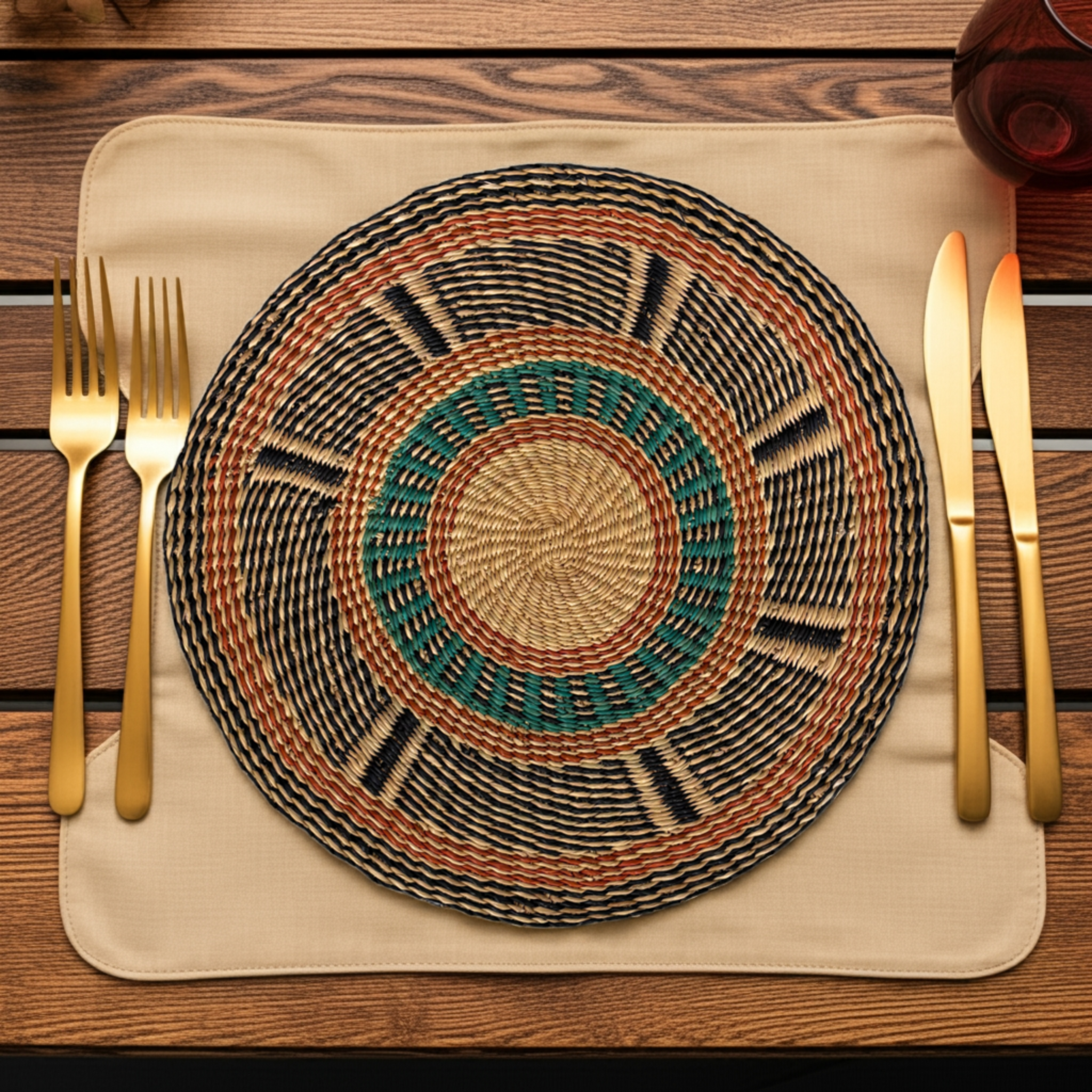Baba Tree Placemats - Golden Coast. Decorative woven placemat with gold cutlery on a wooden table