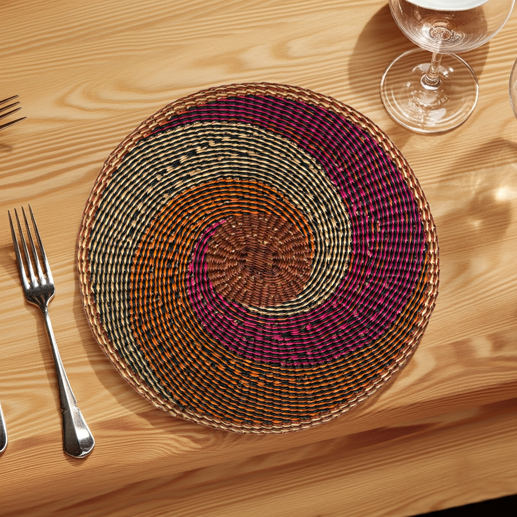 Baba Tree African Tide placemats in pink, orange, and natural swirl design, made of woven material for dining table decor.