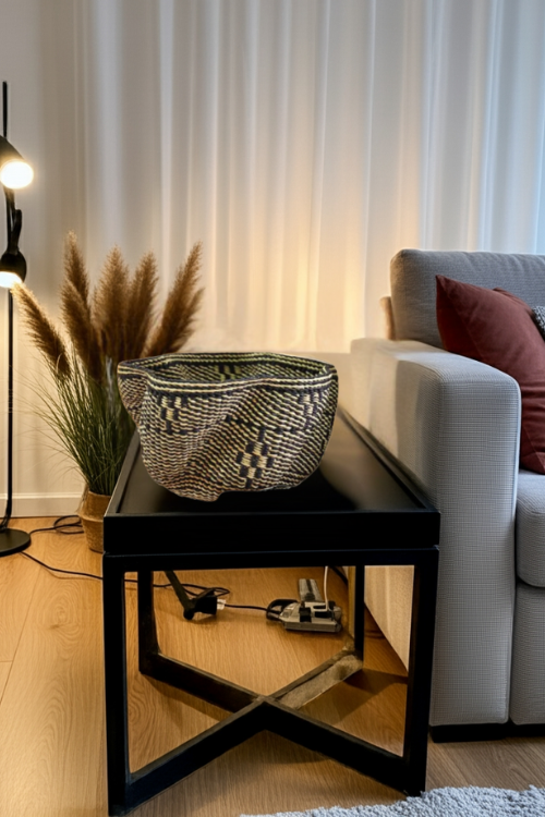 Baba Tree Petite Pakurigo Wave Basket - Black and Natural Essence on a black side table in a living room.
