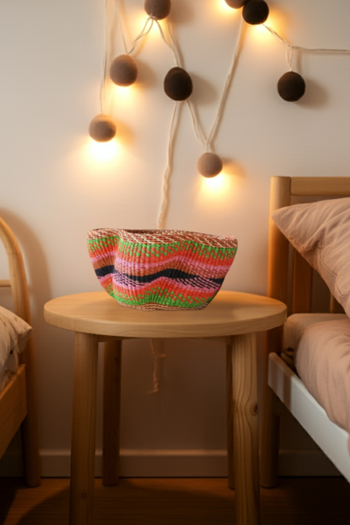 Colorful Petite Pakurigo Wave Basket by Baba Tree in pink, orange, green, and black, perfect for stylish storage.