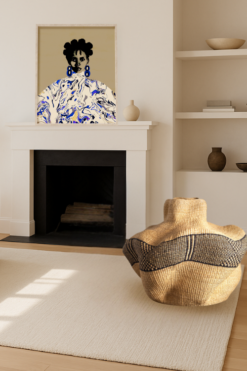 Yoomelingah Yure Artisan Basket - Ebony and Natural in a styled living room setting