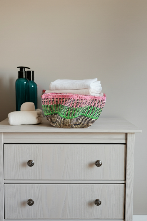 Vibrant Mirage Petite Pakurigo Wave Basket by Baba Tree, colorful woven storage basket with wave pattern on a dresser.