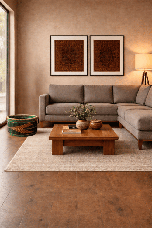 Medium woven basket half tub in Kente fabric by Baba Tree, used for stylish storage and organization.