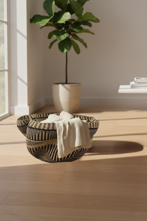 Pakurigo Wave Basket - Black and Natural Essence - product styled shot