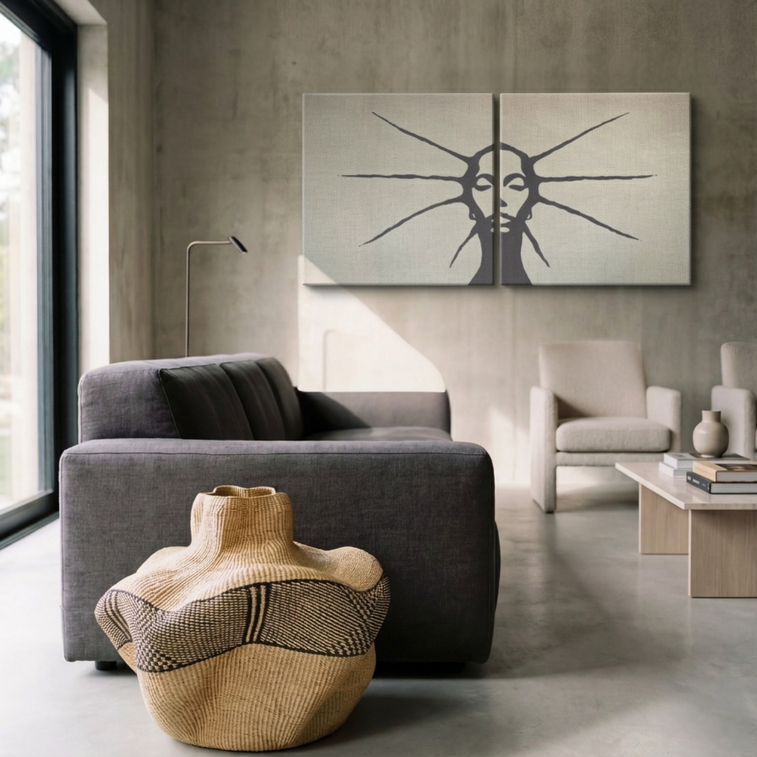 Modern living room with gray sofa, textured ottoman, and abstract wall art.