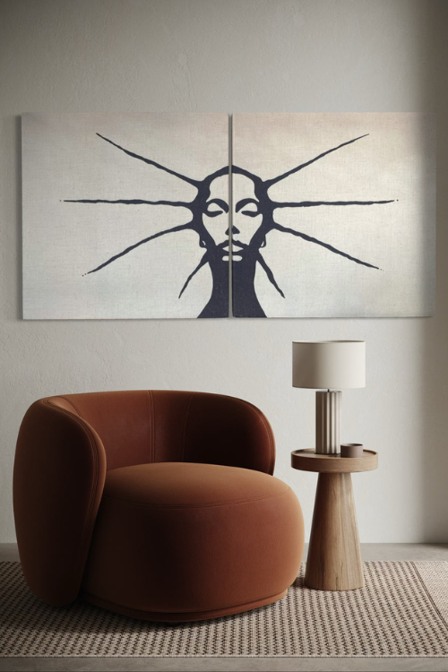 Black monochrome canvas wall art titled Divine Resilience by Rhen Ovation, featuring abstract artistic design.