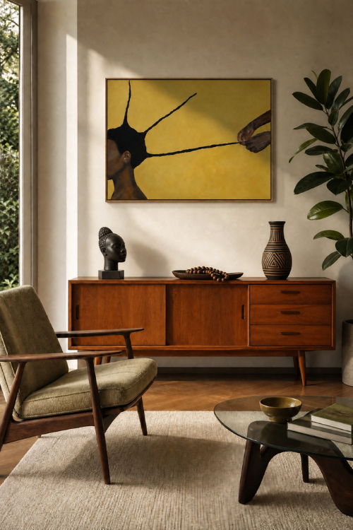 A framed Interwoven Grace canvas art print featuring a yellow background and a black silhouette of a face with radiating lines, displayed on a beige wall above a mid-century modern wooden sideboard in a styled living room.