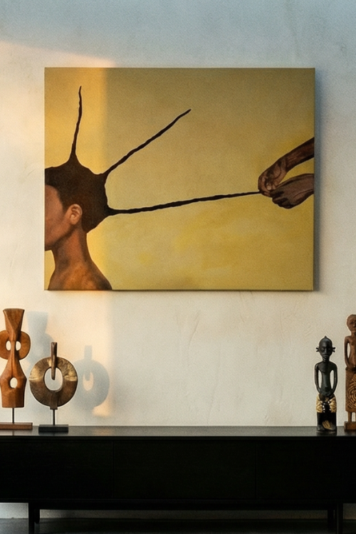 Black canvas art titled Interwoven Grace by Rhen Ovation featuring intricate woven patterns and artistic textures.