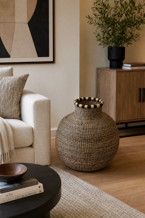 A Jemima 10 Cows Basket - Ebony + Natural Coil basket with a black and beige striped rim, placed on a light rug in a modern living room next to a white sofa and a wooden cabinet.