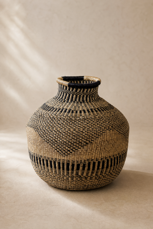 Jemima-10-Cows-Basket-Ebony-Triangle basket with a rounded body and narrow neck, featuring a geometric pattern of natural tan reeds and black accents, set against a neutral beige background with soft diagonal shadows.