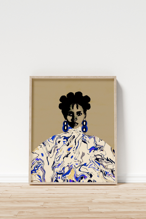 "Makara" Fine Art Print Black Portrait in 16x20. This statement piece features a confident Black woman with sculptural bantu knots, adorned with geometric cobalt blue earrings against a mesmerizing blue marble pattern.