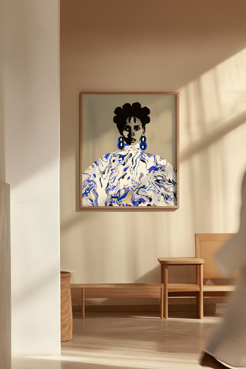 "Makara" Fine Art Print Black Portrait in 16x20. This statement piece features a confident Black woman with sculptural bantu knots, adorned with geometric cobalt blue earrings against a mesmerizing blue marble pattern.