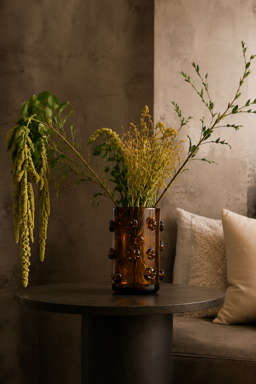 The Nywele amber-brown textured glass vase filled with dried yellow-green foliage, displayed on a dark round table next to a sofa with neutral-toned cushions in a softly lit interior setting.