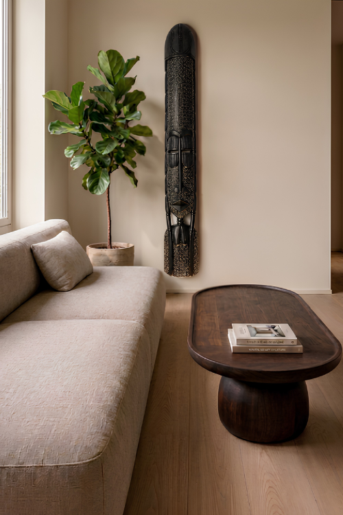 African wall sculpture by Tekura, Obaa Ashen Totem, featuring intricate tribal design and natural wood finish.