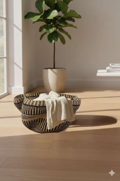 Pakurigo-Wave-Basket-Black-and-Natural-Essence with a towel on a wooden floor, plant in the background