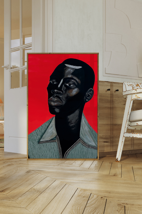 "Remy" Fine Art Print of a Black man with deep brown skin, thoughtful eyes, and a mint green collared shirt against a bold red background. Modern Black portrait wall art symbolizing strength, sensitivity, and identity.