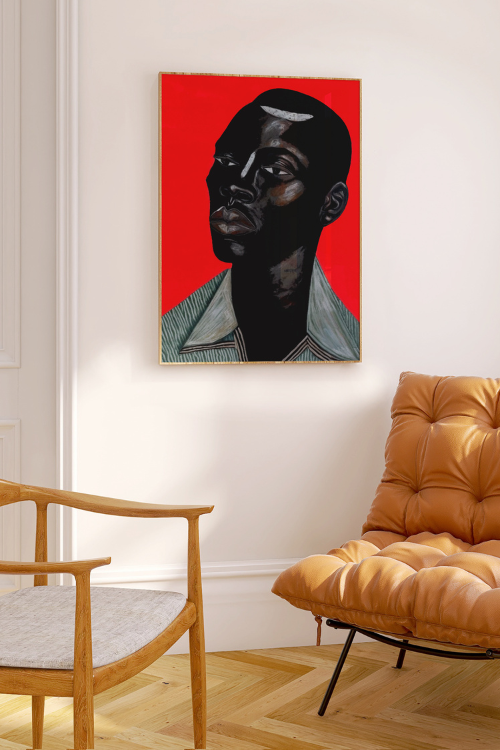 "Remy" Fine Art Print of a Black man with deep brown skin, thoughtful eyes, and a mint green collared shirt against a bold red background. Modern Black portrait wall art symbolizing strength, sensitivity, and identity.