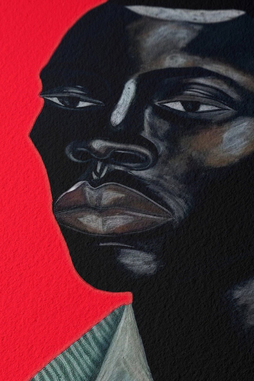 "Remy" Fine Art Print of a Black man with deep brown skin, thoughtful eyes, and a mint green collared shirt against a bold red background. Modern Black portrait wall art symbolizing strength, sensitivity, and identity.
