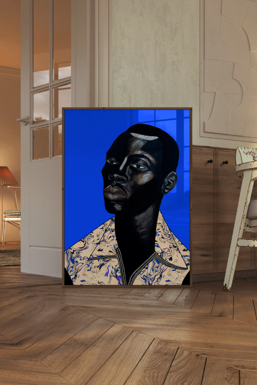 "Remy II" Fine Art Print features a Black man with intense, thoughtful eyes set against a vibrant sapphire Blue background. Remy's deep ebony skin is beautifully accentuated with subtle highlights, creating a sense of depth and dimension. His Blue geometric patterned collared shirt adds a soft contrast to the bold palette, embodying both strength and sensitivity.