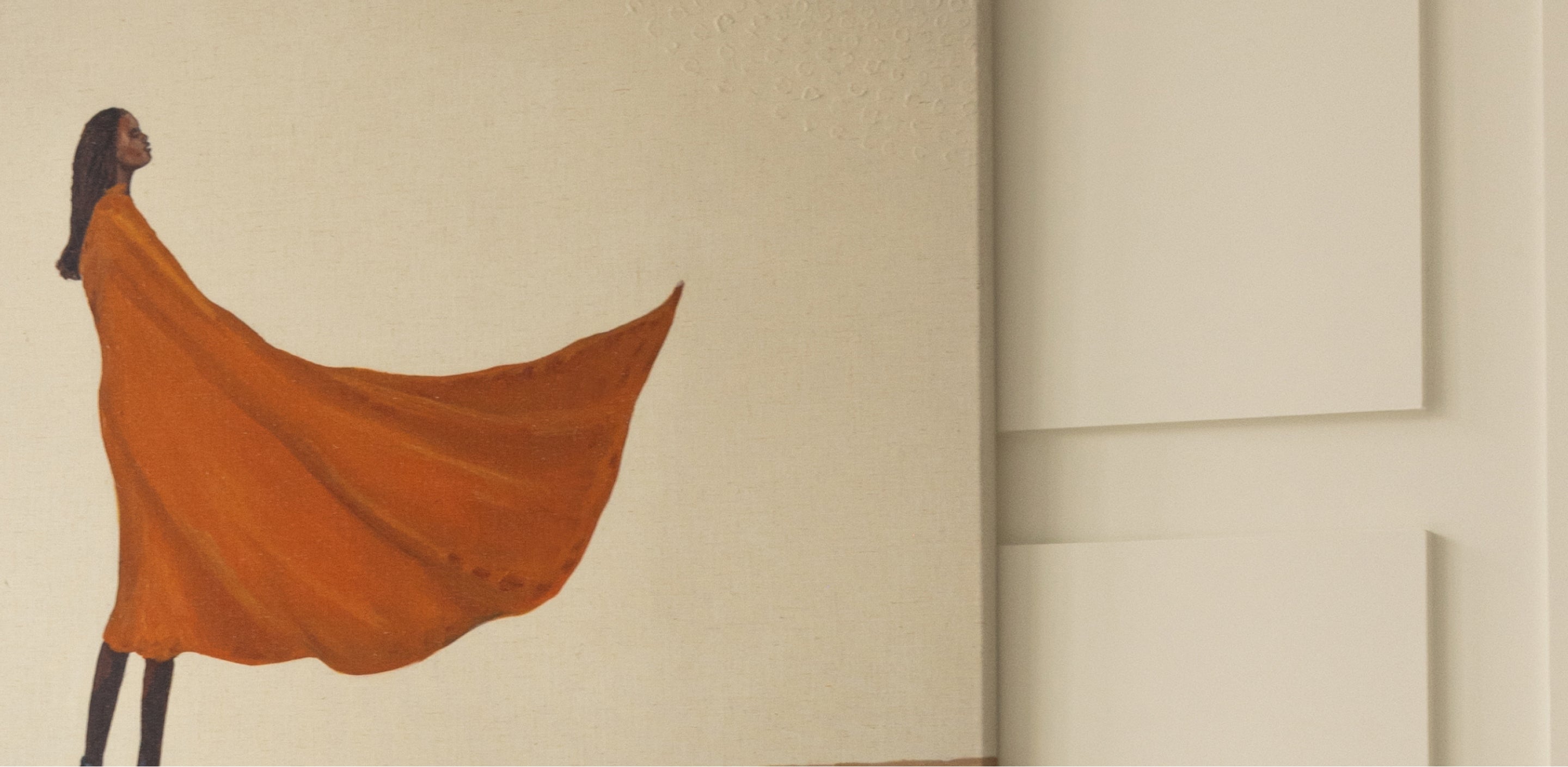 Rhen Art Divine Breeze canvas of a black woman in a red dress, with the breeze blowing the dress.