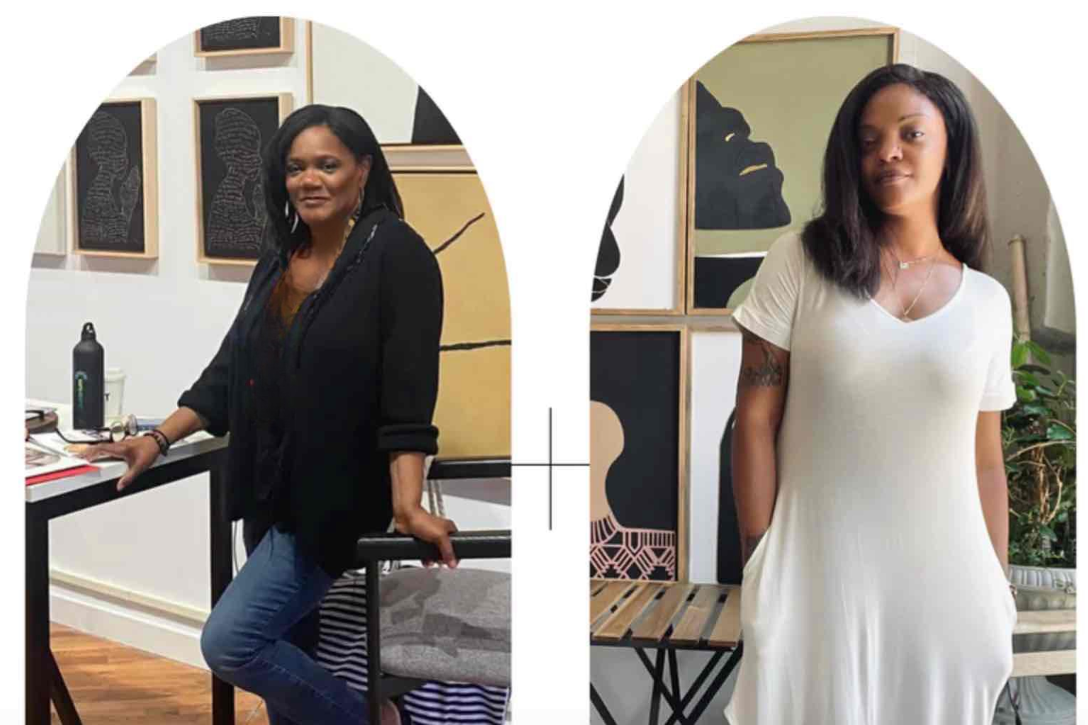 Rhen and Sheena, the owners of Rhen Art standing in an art gallery with abstract paintings on the wall, showcasing Rhen's work.