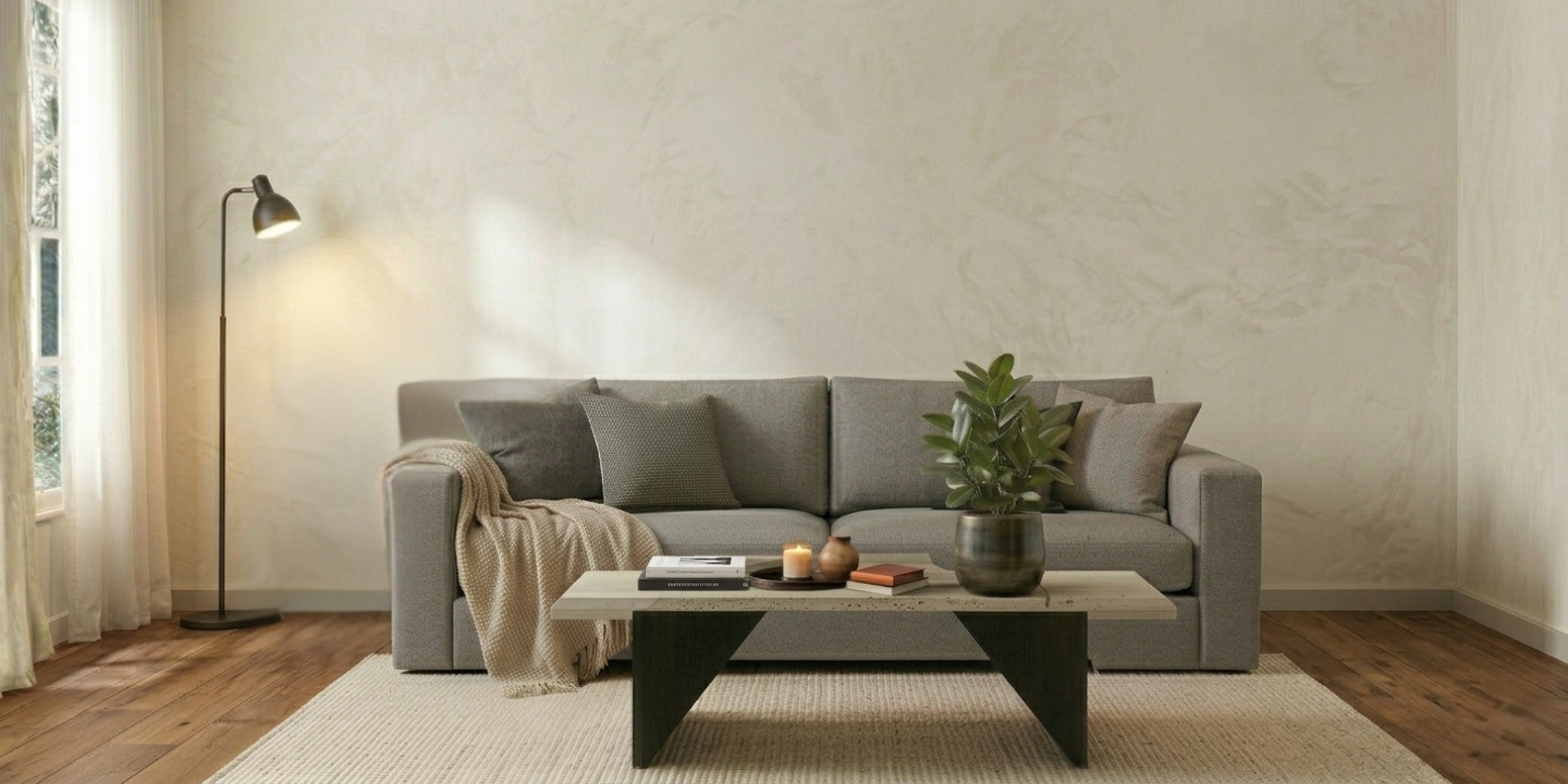 Modern living room with a gray sofa, coffee table, and decorative items.