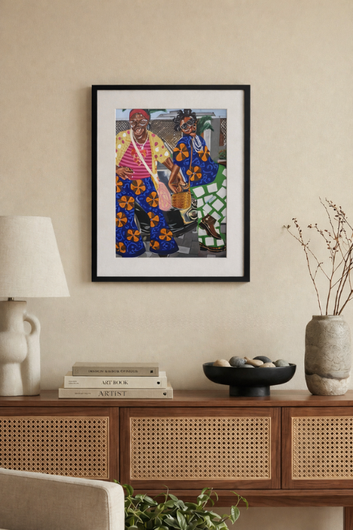 Black-framed Shakara fine art print by September Collective featuring vibrant and detailed artwork in a sleek display.
