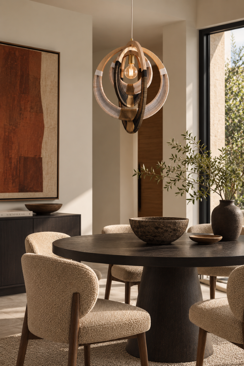 A modern pendant light with interlocking circular rings and a warm glowing bulb, hanging over a dark round dining table with upholstered chairs in a sunlit dining room.