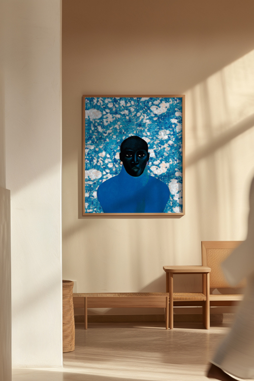 "Tabanca" Fine Art Print is a striking portrait that depicts a black woman enveloped in a deep watery palette of textured blue hues, creating an ethereal atmosphere that blurs the lines between being underwater and floating among the clouds.