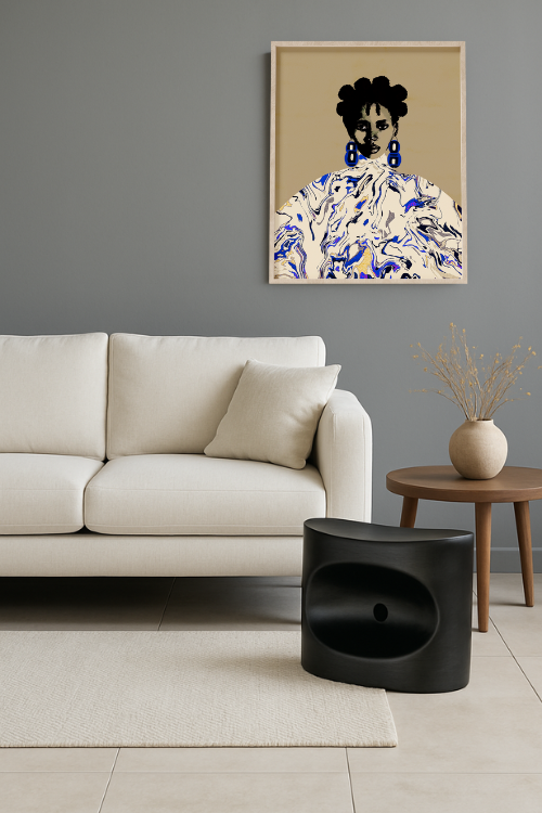 "Makara" Fine Art Print Black Portrait in 16x20 styled in a living room setting and the Sika Stool - Designed by Tekura