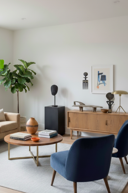 Modern living room with blue chairs, wooden coffee table, and Tekura decorative objects: Akuaba Wall Comb, Kuku Vase, Textured Akuaba sculpture, SumSum Mask on Stand.