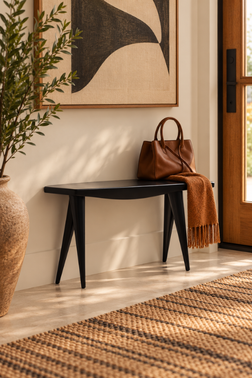 A modern black entryway tekura walking bench with angled legs, styled in a warm, sunlit room with a brown leather tote bag and a rust-orange throw blanket resting on it. A large woven plant pot and a textured rug frame the scene.