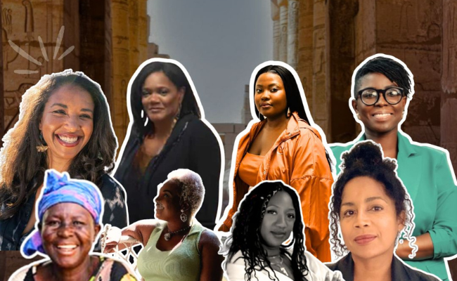 Collage of seven women artisans with a blurred architectural background featured at September Collective