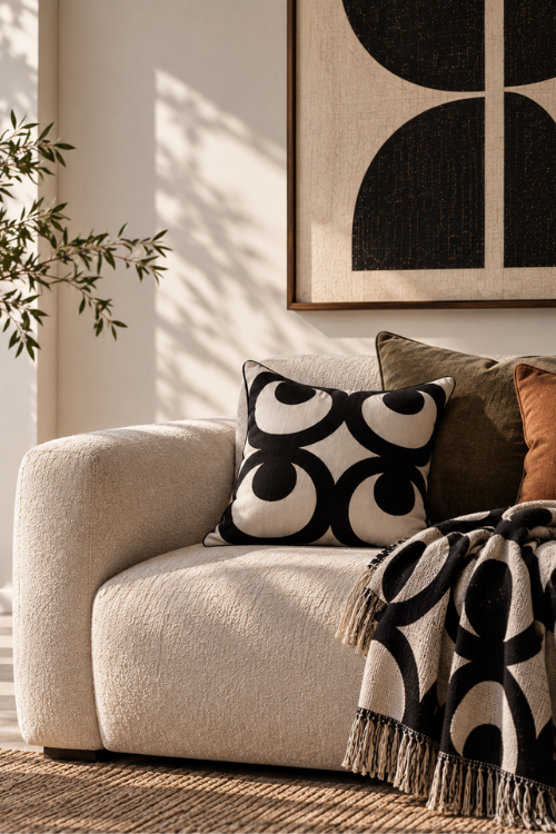 Villa Aburi pillow with Andinkra motifs "What I hear, I keep" mate masie symbol in black with a white background., on a beige couch with the matching mate masie throw.