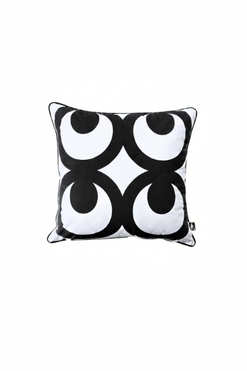 Villa Aburi Mate Masie pillow in black and white, made from 100% organic cotton, showcasing intricate traditional textile design.