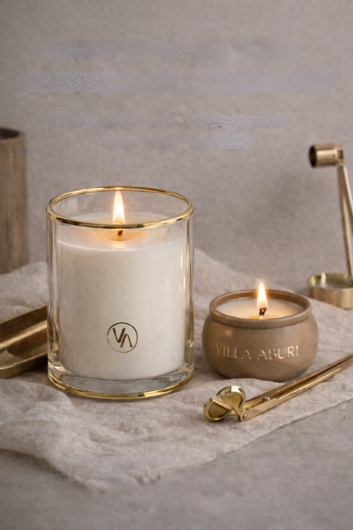 Villa Aburi Ganja Suede scented candle in a glass jar, 11 oz, with a textured suede finish and warm, inviting design.