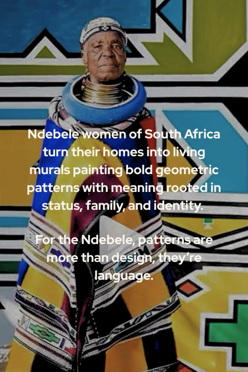 Woman in traditional Ndebele clothing with text about Ndebele women and their art.