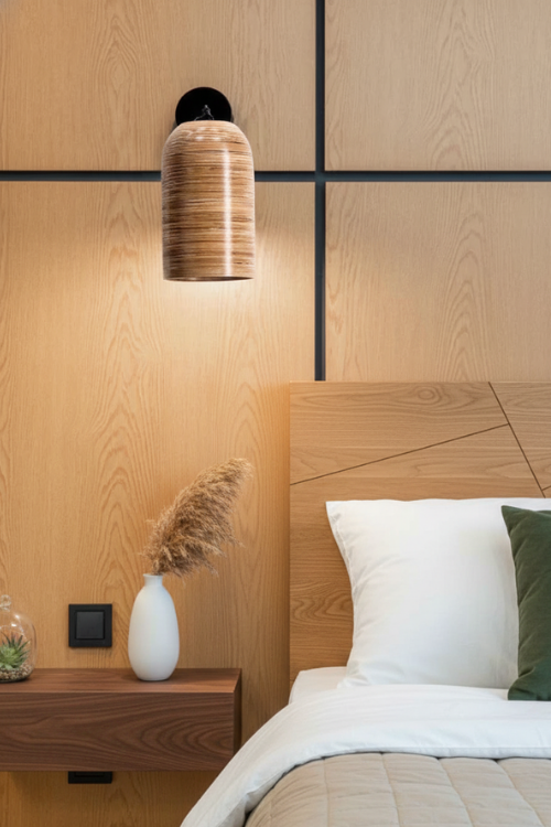 Modern bedroom with wooden headboard, nightstand, and wall-mounted b-hive wall sconce.